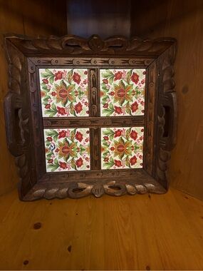 vintage Mexican folk art hand-carved wood serving tray with ceramic tile inlays